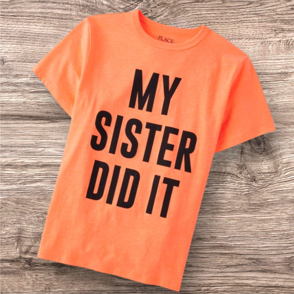 THE CHILDREN'S PLACE Neon Orange My Sister Did It Short Sleeve Tee Size 5/6 NEW - Picture 1 of 4